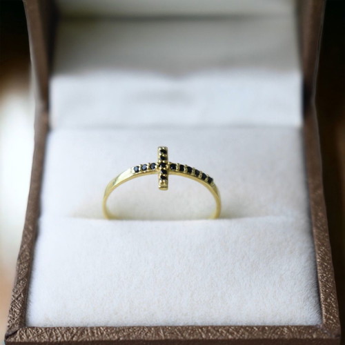 Cross ring new silver 925 with black zirconia stones