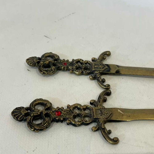 Set of 2 vintage letter openers medieval style with ornate handles 19cm used