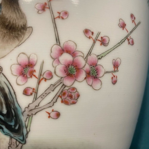 Chinese Famille Rose vase like new, 20th century with peacock and peony branch