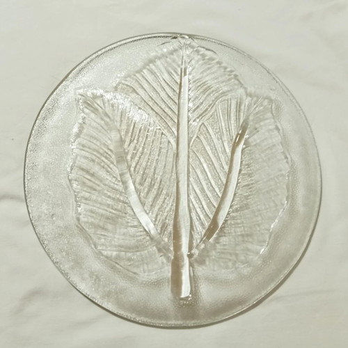Crystal round platter with embossed leaf design like new