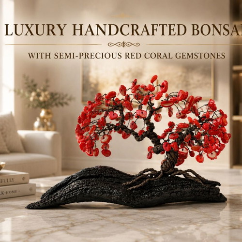 Handcrafted bonsai with red coral gemstones, new