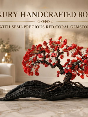 Handcrafted bonsai with red coral gemstones, new