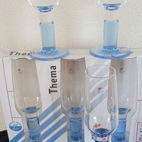 Set of 6 Bormioli Rocco Champagne Glasses with Blue Stem, New