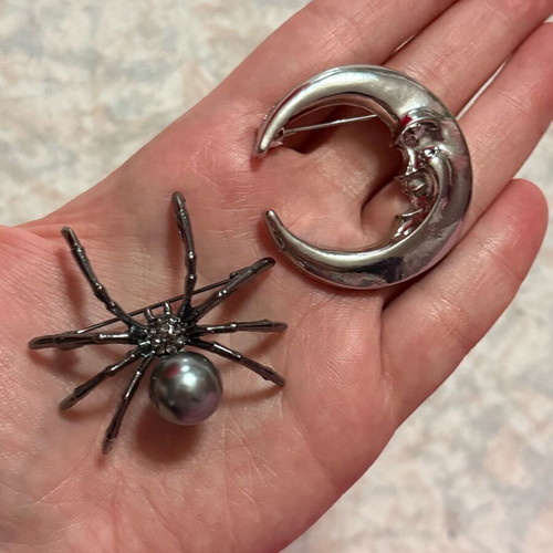 Set of spider and moon pins like new, gray and silver
