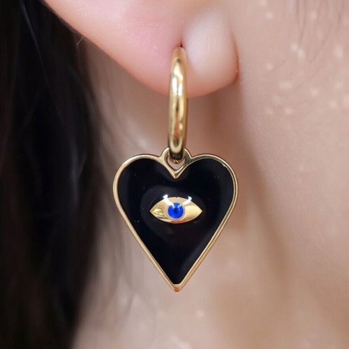 Steel Earrings with Black Heart and Eye New, Gold and Black