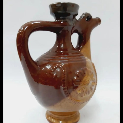 Vintage Troyan Ceramic Jug handpainted, brown and beige, 14 cm