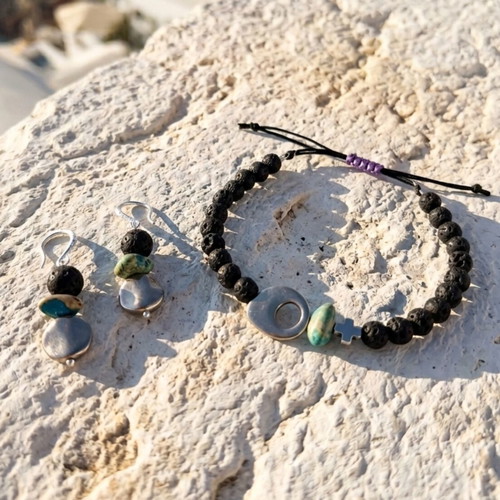 Bracelet and earrings set with lava, jasper, hematite, 14K gold plated earrings