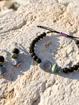 Bracelet and earrings set with lava, jasper, hematite, 14K gold plated earrings