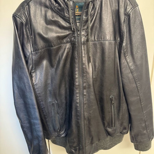 Leather unisex jacket with hood like new, black, size L