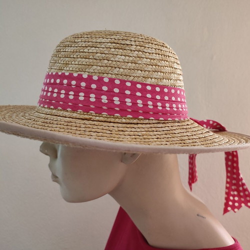 Straw women's hat with pink ribbon OneSize new