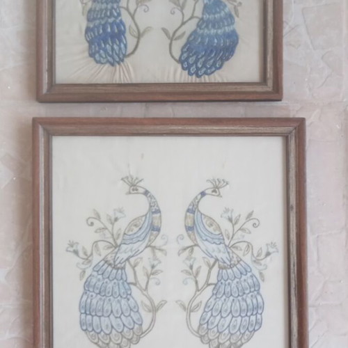 Set of 2 handmade embroidered peacocks used