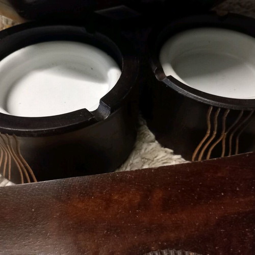 Wooden large bowl used with two ashtrays and a tray