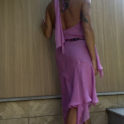 Roberto Verino Y2K silk asymmetric tiered halter dress used, lilac pink