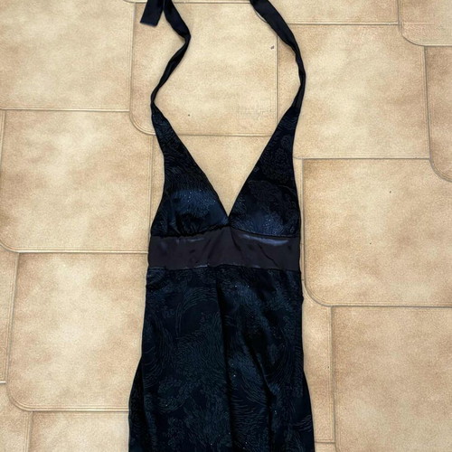 Black satin top with pattern and halter neck tie, size M