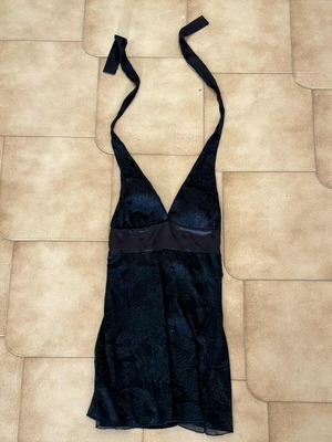 Black satin top with pattern and halter neck tie, size M