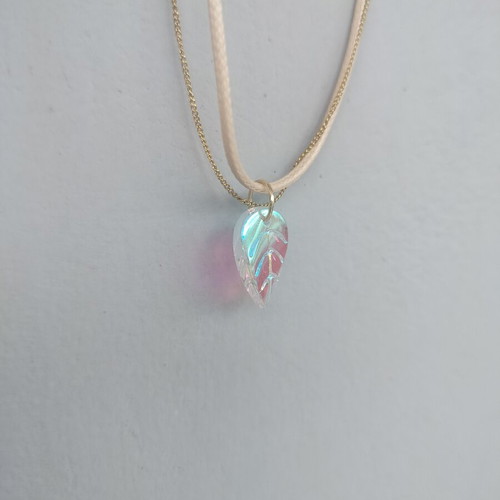 Glass Leaf Necklace with Double Chain in Beige and Gold, made to order