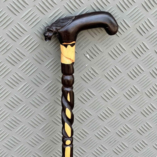 Handmade wooden cane with horse head used, carved artistic detail