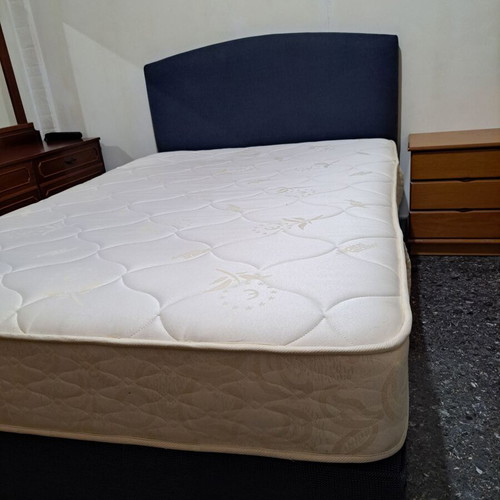 Semi-double bed with headboard 135x200 used, blue cotton fabric, beech frame
