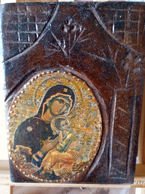 Handmade Passion Virgin Mary icon on wood