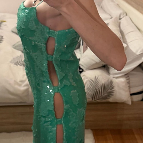 Stefania Vaidani green dress with sequins and side cutouts size small new