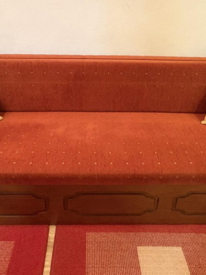 Sofa set used with storage space including sofa bed, armchairs, and stools