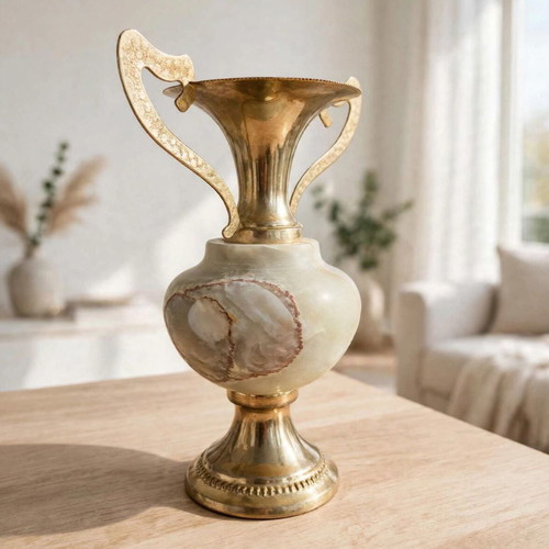 Vintage Amphora Vase made of Natural White Onyx and Brass, like new