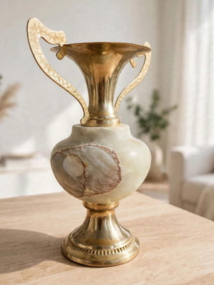 Vintage Amphora Vase made of Natural White Onyx and Brass, like new