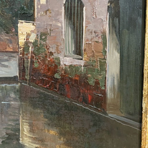 Oil painting used, embossed canal scene with handmade wooden frame