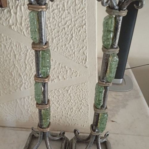 Pair of large handmade pewter candlesticks with green glass decoration