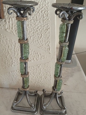 Pair of large handmade pewter candlesticks with green glass decoration