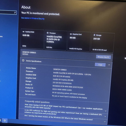 Lenovo computer i5 8GB RAM used, 250GB HDD, excellent condition