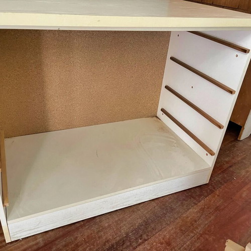 Children's bed with desk and drawers used, white with pink details