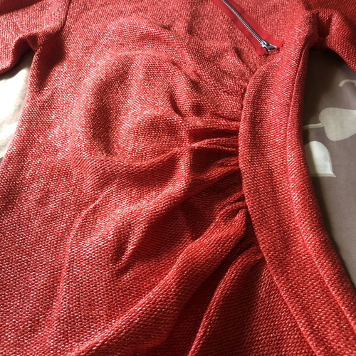 Boutique red boucle dress with asymmetric zipper and drapery, size M