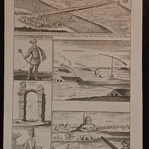 Larissa 1740 engraving used, panorama of Pineios river and mosque bridge