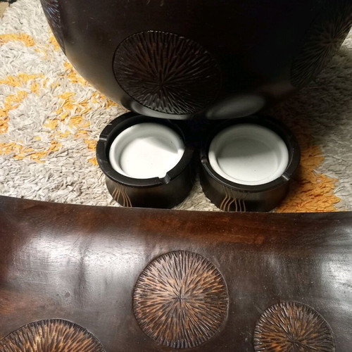 Wooden large bowl used with two ashtrays and a tray