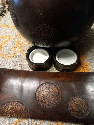 Wooden large bowl used with two ashtrays and a tray