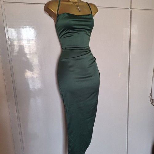 Green satin dress with cross back and slit, size medium