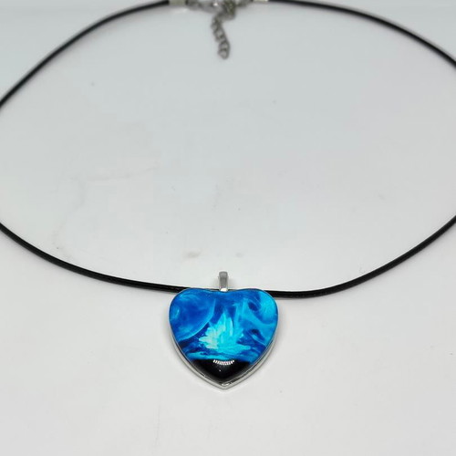 Handmade Heart Necklace with Blue Liquid Glass and Black Cord like new