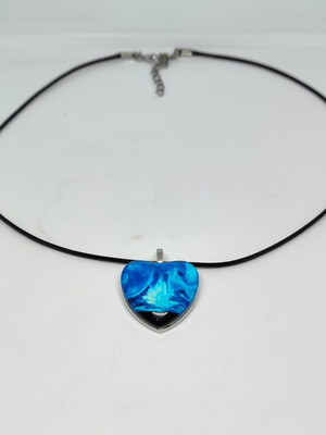 Handmade Heart Necklace with Blue Liquid Glass and Black Cord like new