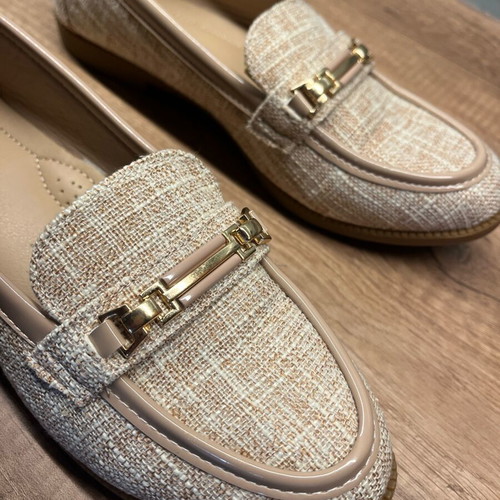 Tweed Loafers Size 37 Like New Beige with Gold Buckle