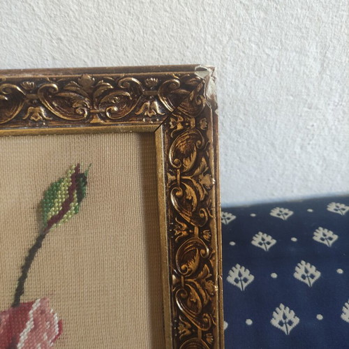 Vintage Gobelin embroidery textile painting 'Lilies' with gold frame