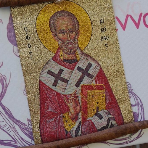 Saint Nicholas icons like new, fabric with cinnamon sticks, set of 2