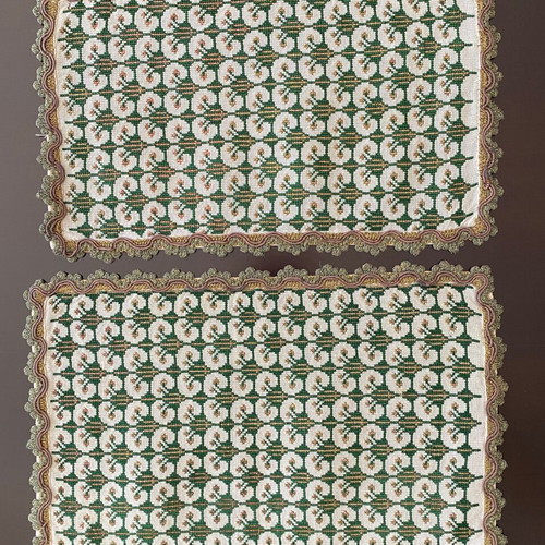 Pair of vintage handmade embroidered table runners with geometric pattern