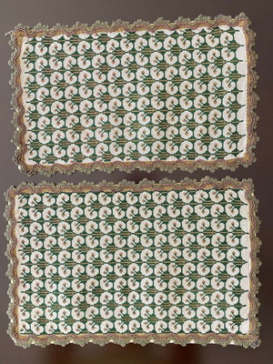 Pair of vintage handmade embroidered table runners with geometric pattern