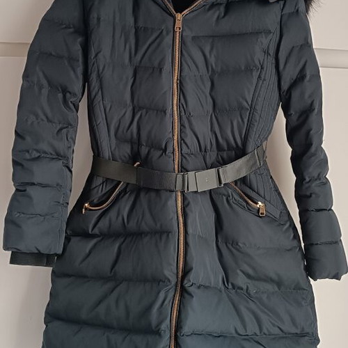 Zara jacket with hood and fur, blue, size Large, like new