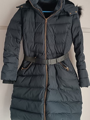 Zara jacket with hood and fur, blue, size Large, like new