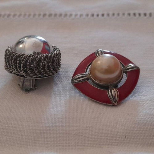Vintage clip on earrings used, two pieces, red and silver