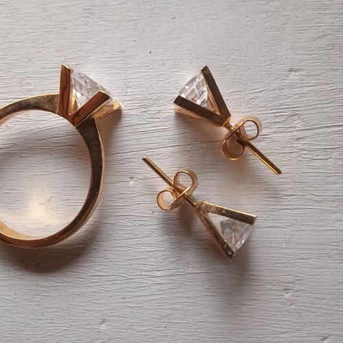Jewelry set ring and earrings gold color with zircon like new