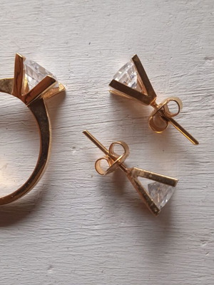 Jewelry set ring and earrings gold color with zircon like new