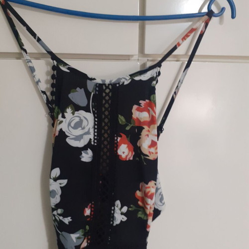 Long dress new with slit and back tie, black with floral pattern
